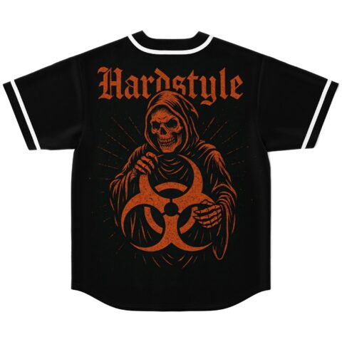 Black jersey with orange Hardstyle text and hooded skeleton holding biohazard symbol, back view