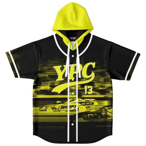Front view black Motion-Blurred Racing Graphic jersey, neon yellow hood, YPC lettering, number 13