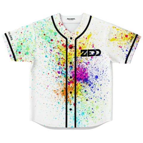 Rainbow paint-splatter jersey with black piping and chest lettering, displayed front-facing on white