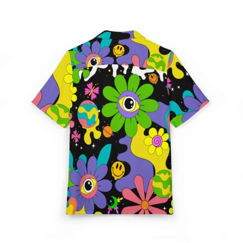 Back view of shirt with bold flowers and bright graphic shapes
