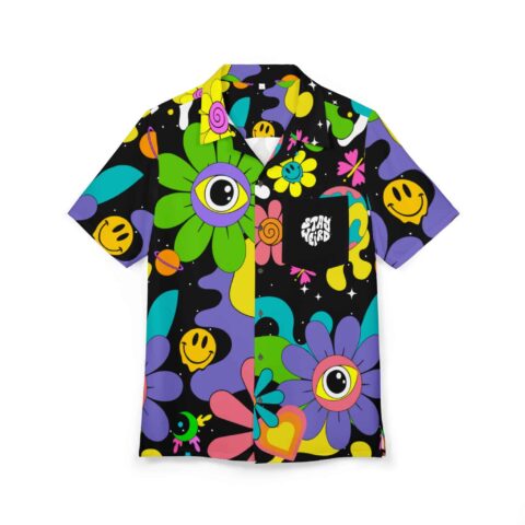 Colorful floral button-down shirt with smiley faces and vibrant patterns