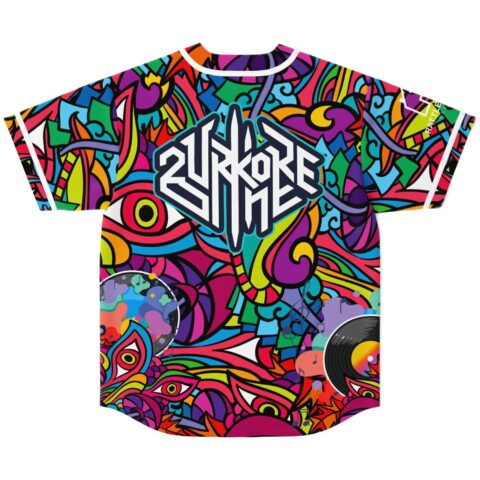 Dense psychedelic collage jersey back with oversized 2URKORE logo and colorful music-themed graphics