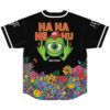 Neon psychedelic acid-trip back design: one-eyed cartoon creature, HA HA HE HU text, floral border