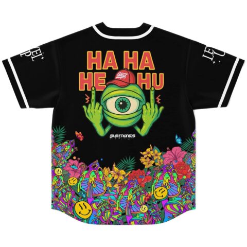 Neon psychedelic acid-trip back design: one-eyed cartoon creature, HA HA HE HU text, floral border