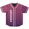 Purple reversible jersey front view featuring vertical GROOM lettering and white-trimmed button placket