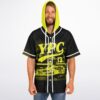 Model wearing black Motion-Blurred Racing Graphic jersey, bright yellow hood, YPC lettering, motorsport artwork