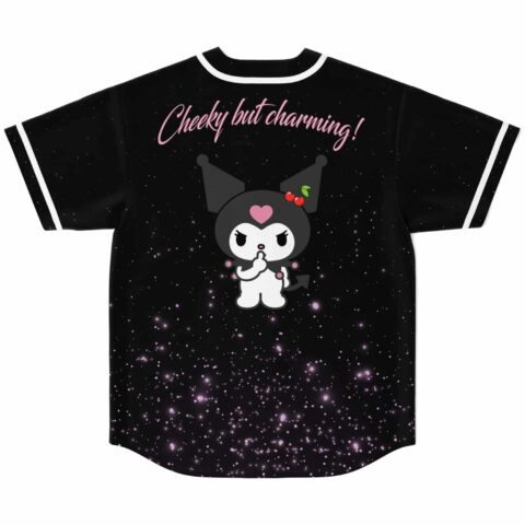 Cartoon-style character over purple starfield pattern, back view with pink script reading “Cheeky but charming!”