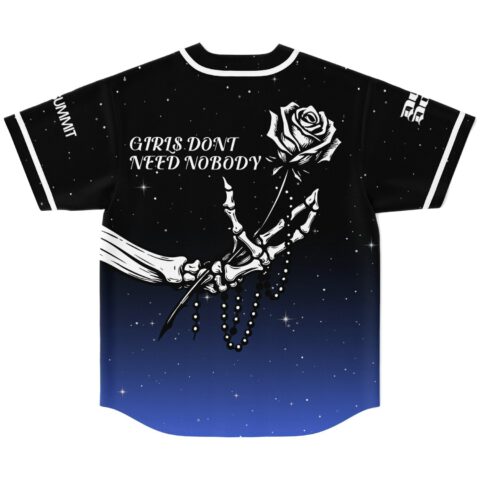 Starry skeleton rose design with “GIRLS DON’T NEED NOBODY” text, back view