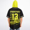 Rear model view: neon yellow hood, PODCAST text, number 13, Motion-Blurred Racing Graphic