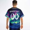 Model displays the aurora borealis mountain-and-ocean pattern, oversized white symbols, and “BANDICOOT” lettering from behind