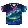 Aurora borealis mountain-and-ocean pattern on a button-front jersey, shown in a centered front view