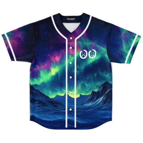 Aurora borealis mountain-and-ocean pattern on a button-front jersey, shown in a centered front view