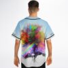 Model displays abstract rainbow explosion artwork across the jersey back in a white studio