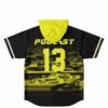 Back view featuring neon yellow motion-blurred race car pattern, PODCAST text, and oversized number 13