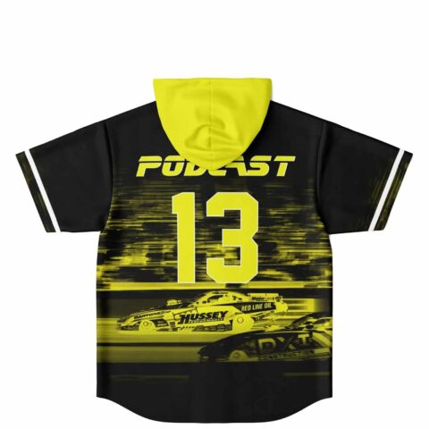 Back view featuring neon yellow motion-blurred race car pattern, PODCAST text, and oversized number 13