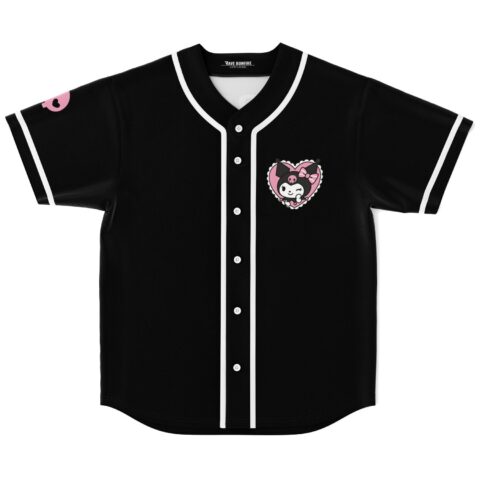 Front view of black jersey with pink hearted cartoon-style devil graphic and white piping