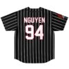 Black pinstripe jersey back view displaying NGUYEN and number 94 with striped sleeves