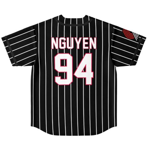 Black pinstripe jersey back view displaying NGUYEN and number 94 with striped sleeves