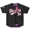 Black pinstripe jersey front view with Busters script, number 94, and purple reversible lining