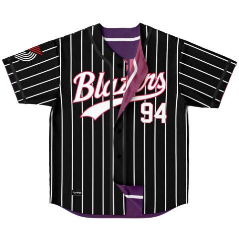 Black pinstripe jersey front view with Busters script, number 94, and purple reversible lining