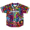 Neon acid-trip jersey front with 2URKORE text, white piping, buttons, records and music notes