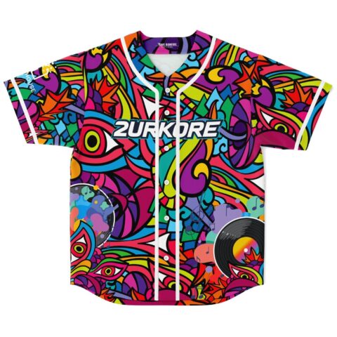Neon acid-trip jersey front with 2URKORE text, white piping, buttons, records and music notes