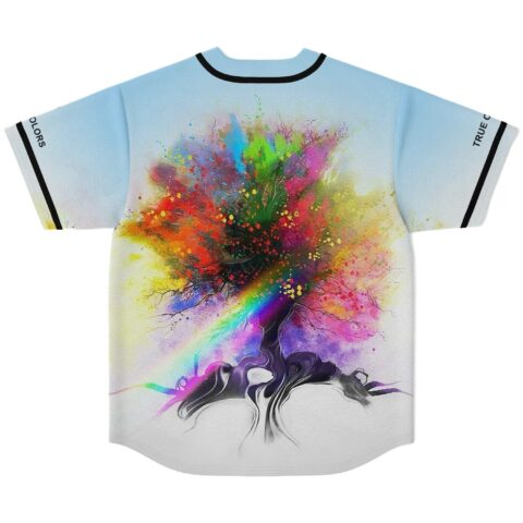 Abstract rainbow explosion artwork covers the jersey back, shown flat against a white background