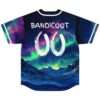 Aurora borealis mountain-and-ocean pattern covers the back, featuring readable “BANDICOOT” text and oversized symbols