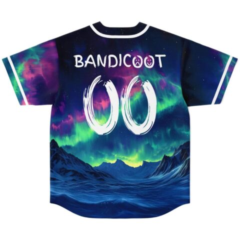 Aurora borealis mountain-and-ocean pattern covers the back, featuring readable “BANDICOOT” text and oversized symbols