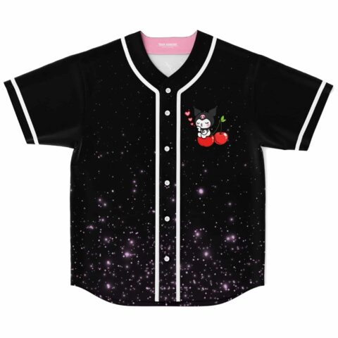 Cartoon-style cherry character and purple starfield pattern on black jersey, front view with white piping