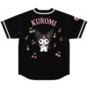 Back view of black jersey with pink arched lettering, cherries, skulls, and cartoon-style devil graphic