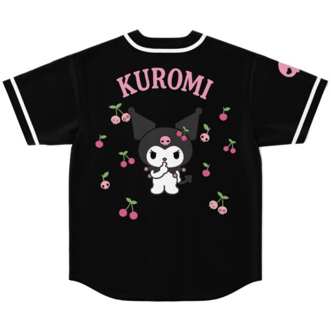 Back view of black jersey with pink arched lettering, cherries, skulls, and cartoon-style devil graphic