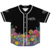Black front view with neon psychedelic floral pattern, smiling faces, white piping, and button closure