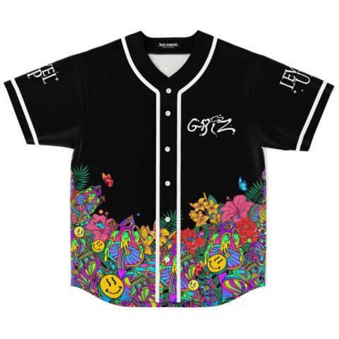 Black front view with neon psychedelic floral pattern, smiling faces, white piping, and button closure