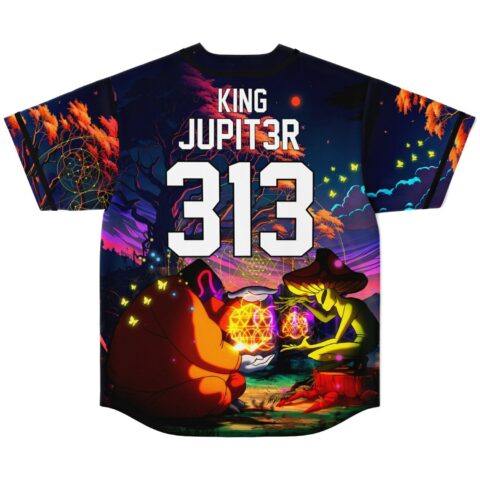Back view of Psychedelic Forest jersey featuring KING JUPITER, 313, glowing mushrooms, butterflies, neon trees
