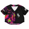 Vibrant color swirl and logo on a custom rave cropped baseball jersey
