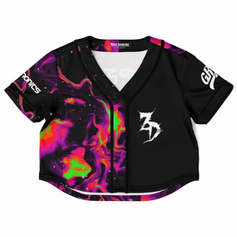 Cropped custom baseball jersey with vibrant color swirl and logo