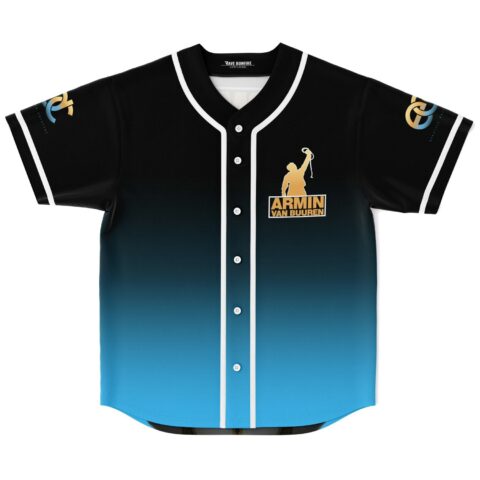Black-to-bright-blue gradient with gold performer silhouette and emblems, front view of festival jersey