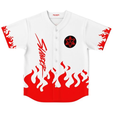 White jersey with red flame pattern, vertical “SLANDER” text, and black-red emblem front view