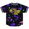 Psychedelic mushroom-pattern jersey rear view: cartoon-style wizard, “I’M A FUCKING WIZARD ZOINK,” glowing cosmic sky