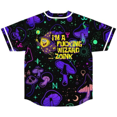 Psychedelic mushroom-pattern jersey rear view: cartoon-style wizard, “I’M A FUCKING WIZARD ZOINK,” glowing cosmic sky