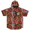 Psychedelic melting mushroom pattern on a red-orange hooded jersey, front view with Open Mind badge
