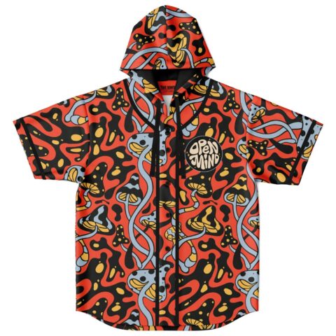 Psychedelic melting mushroom pattern on a red-orange hooded jersey, front view with Open Mind badge