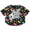 Back view of the rave cropped baseball jersey with vibrant butterflies and a floral design