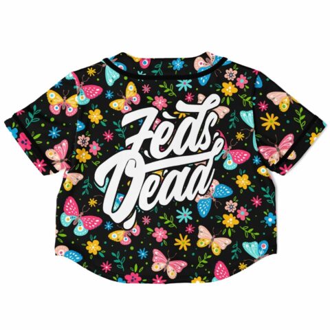 Cropped baseball jersey with vibrant butterflies and floral design, back view