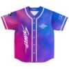 Pink-and-blue cosmic gradient jersey with white piping and geometric eye emblem, front view on white