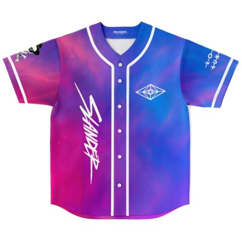 Pink-and-blue cosmic gradient jersey with white piping and geometric eye emblem, front view on white