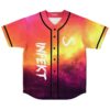 Fiery cloudscape jersey front with white lettering, infinity symbol, black trim, and vivid sunset colors
