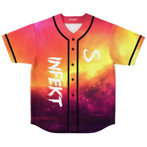 Fiery cloudscape jersey front with white lettering, infinity symbol, black trim, and vivid sunset colors