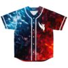 Blue-and-red split abstract swirl jersey with white emblem and buttons, front view for festivals